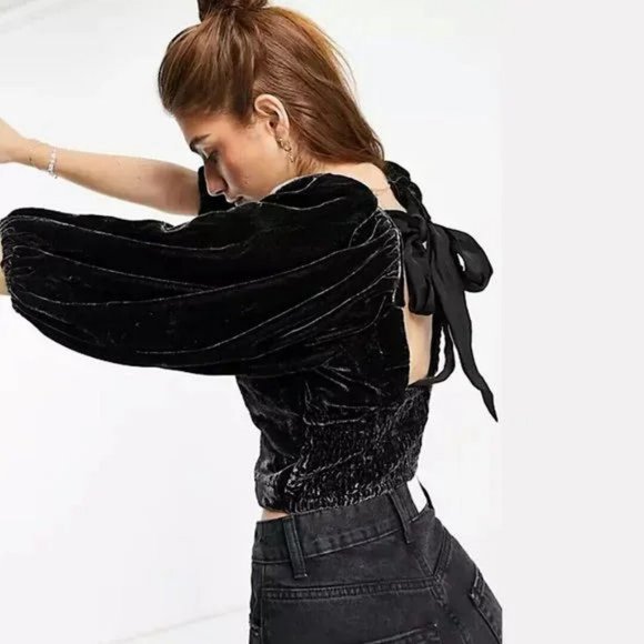 Free People Velvet Marie Crop Top Blouse Open Back Balloon Sleeve - Picture 2 of 8